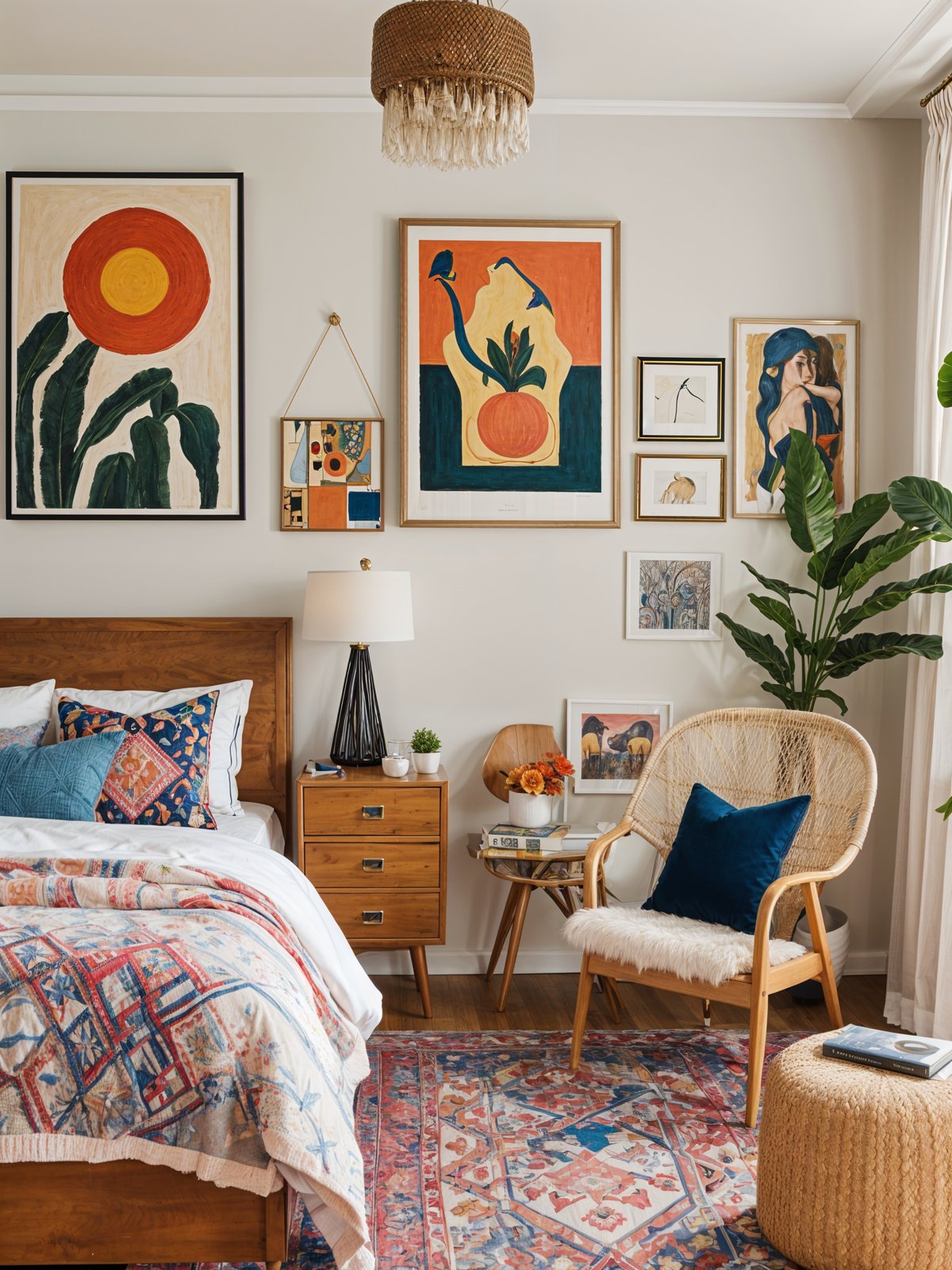 A cozy bedroom with a colorful bed, a chair, and eclectic artwork on the walls.