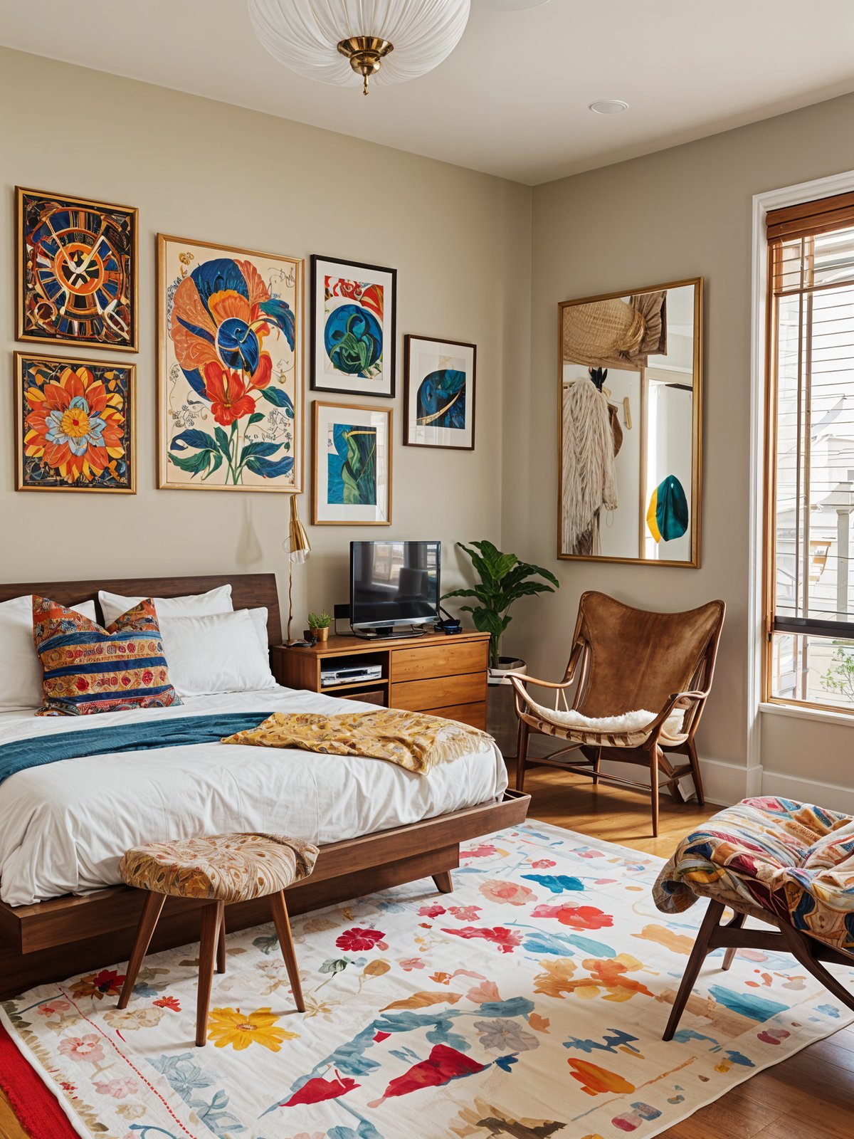 Eclectic bedroom with a colorful blanket, wooden headboard, television, potted plant, and artwork on the walls.