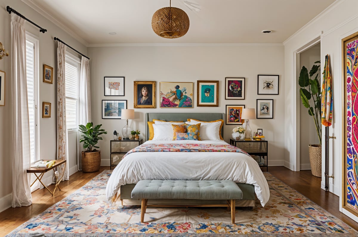 A large bedroom with an eclectic design style, featuring a mix of different elements and colors. The bed is the centerpiece of the room, surrounded by artwork and decorations.