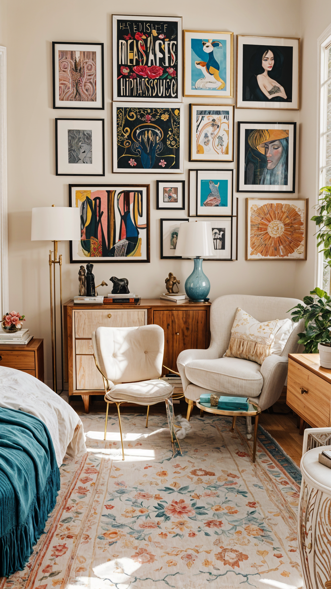 Eclectic living room with a mix of furniture and art