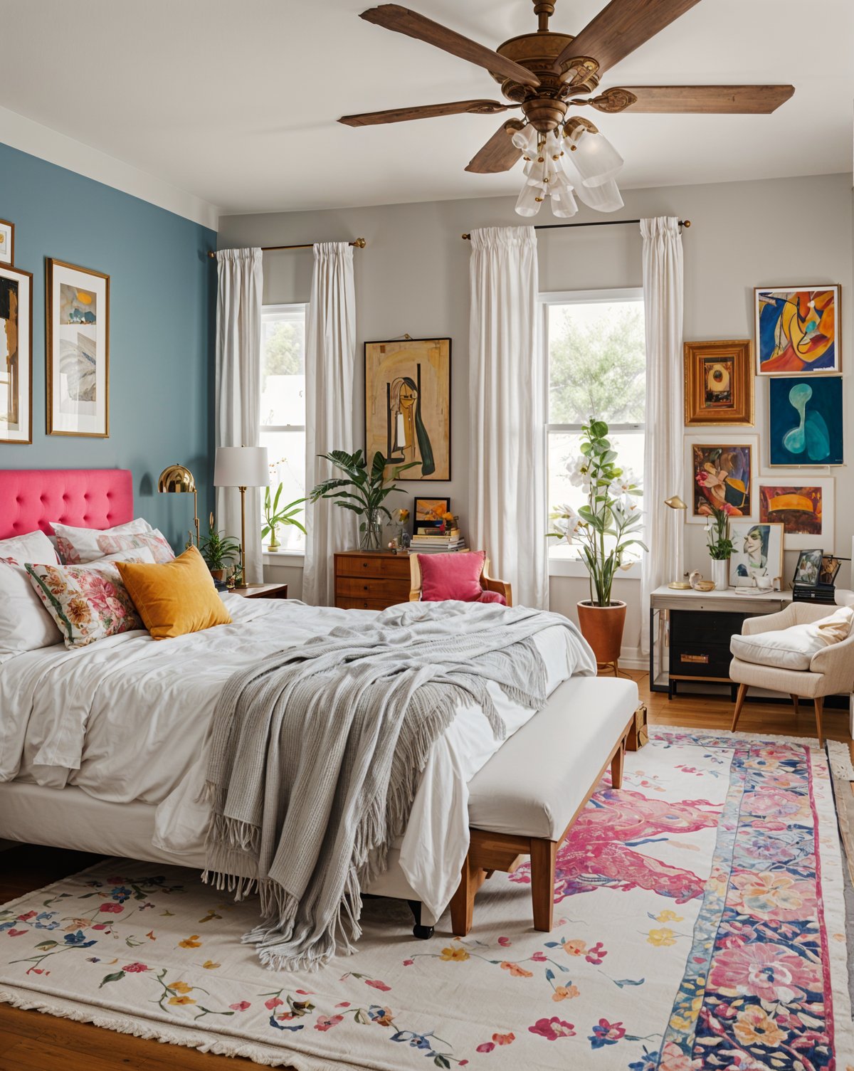 A cozy bedroom with a large bed, a rug, and a window. The room has a pink headboard and features eclectic design elements, such as paintings and potted plants.