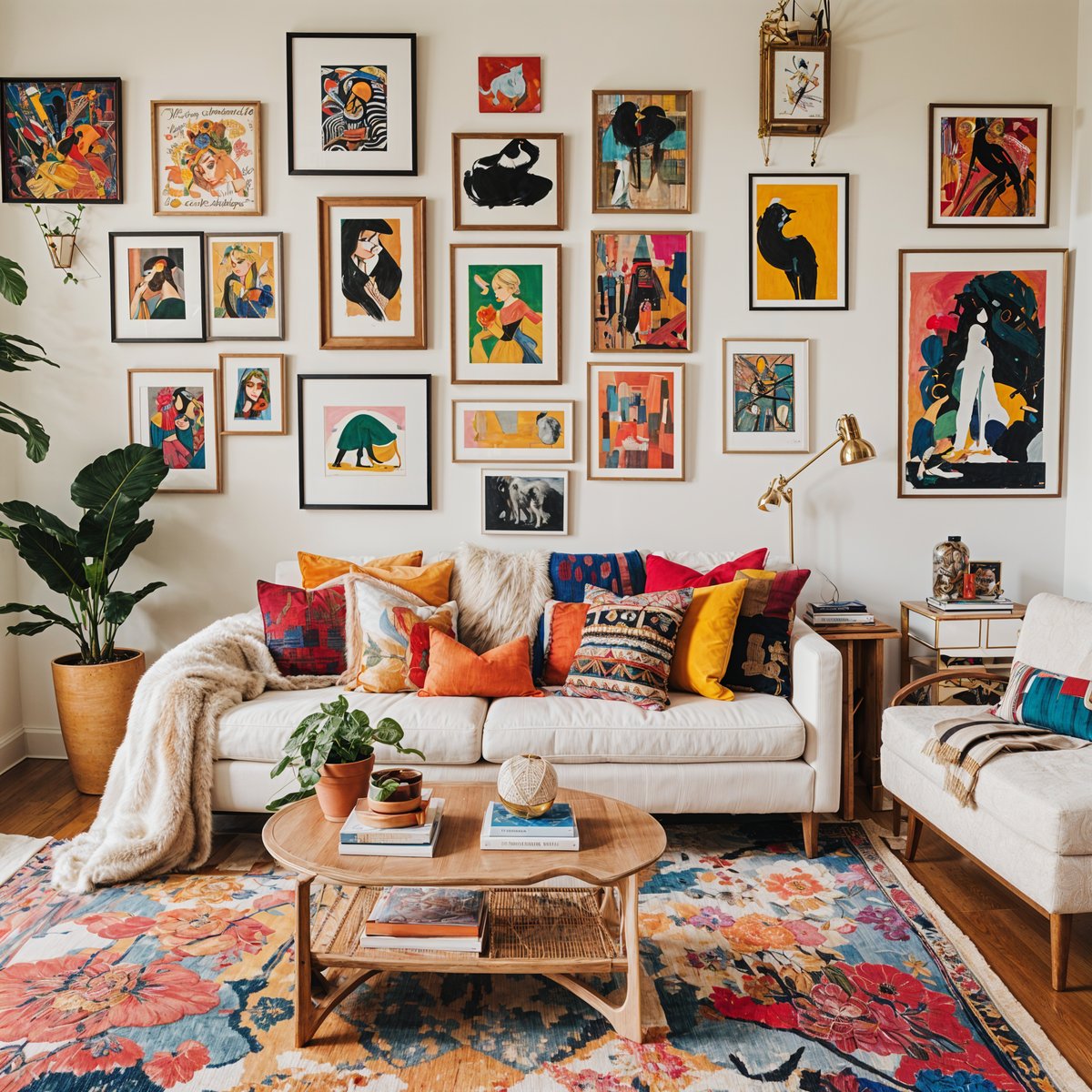 A living room with eclectic art and furniture, featuring a white couch with colorful throw pillows and a coffee table with a rug on top.