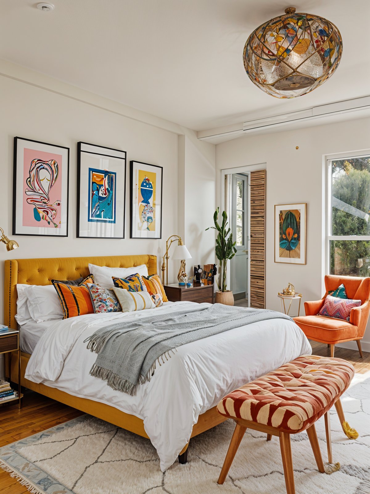 Eclectic bedroom with a large bed, colorful throw blanket, and artwork on the walls.