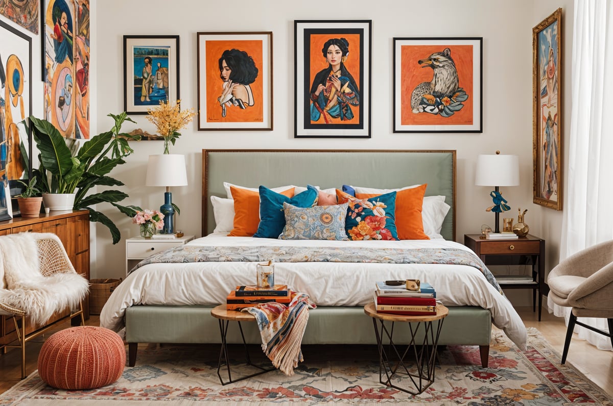 An eclectic bedroom with a bed, pillows, and pictures hanging above the headboard.