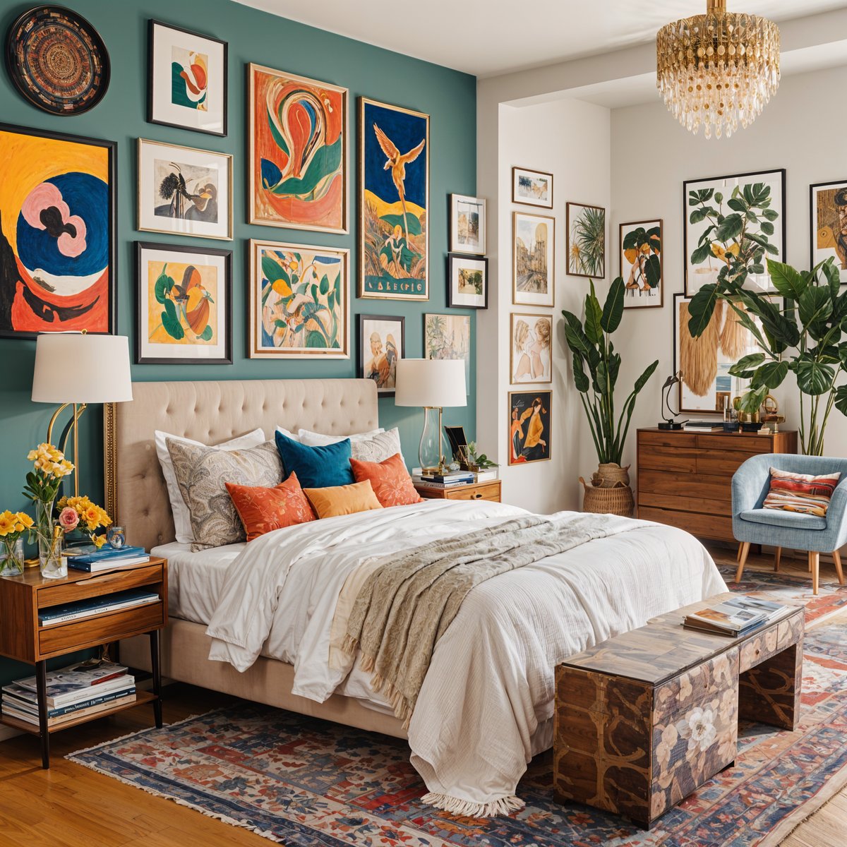 An eclectic bedroom with a white comforter, colorful throw blanket, and numerous paintings on the walls.