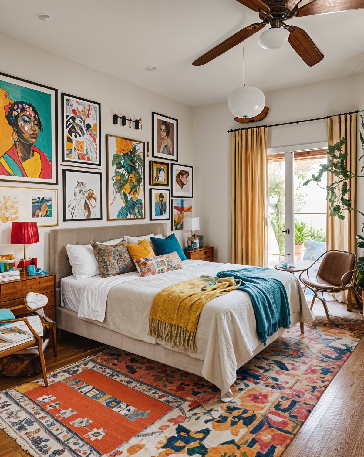 A cozy bedroom with an eclectic design style, featuring a large bed, a chair, a window, and a potted plant.