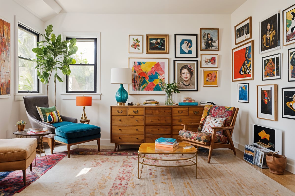 A cozy living room with a couch, chair, coffee table, and various decorations.