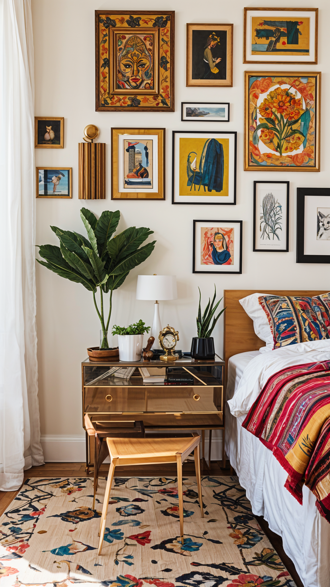 A bedroom with a bed, dresser, chair, and eclectic art. The room is decorated with potted plants and a colorful blanket.