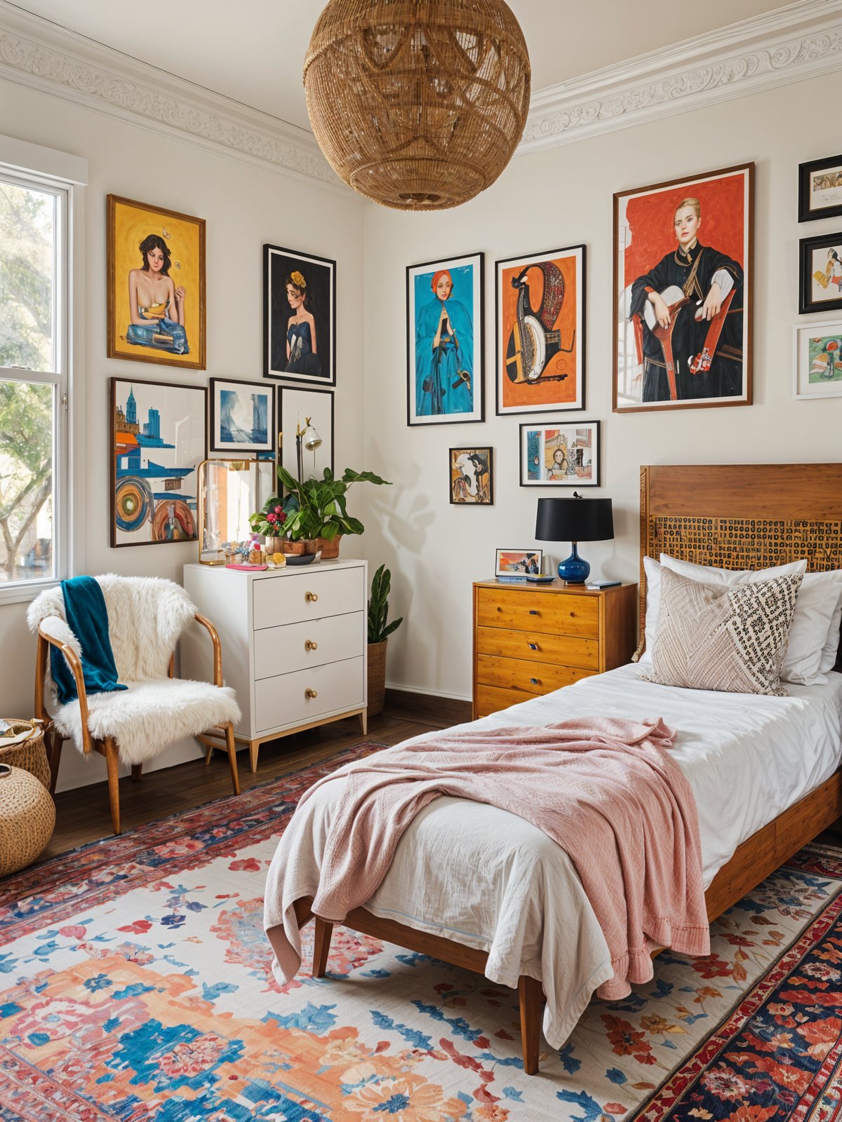 Eclectic bedroom with a bed, chair, and dresser. The room is decorated with various artwork and has a pink blanket on the bed.