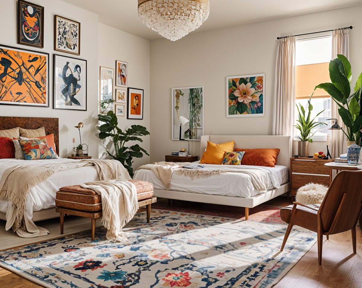 An eclectic bedroom with two beds, a couch, a chair, and a potted plant. The room is well-lit and features various artworks on the walls.