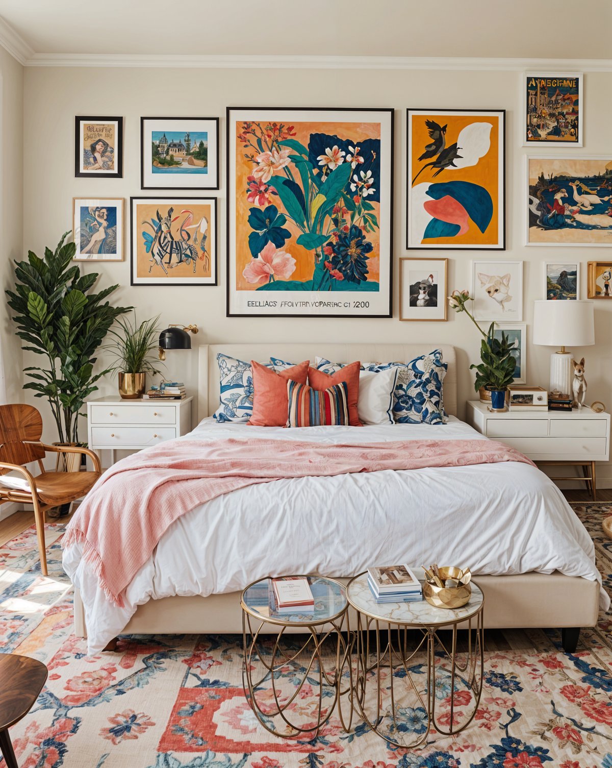 A bedroom with an eclectic design style, featuring a large bed, a pink blanket, and a collection of artwork on the walls.