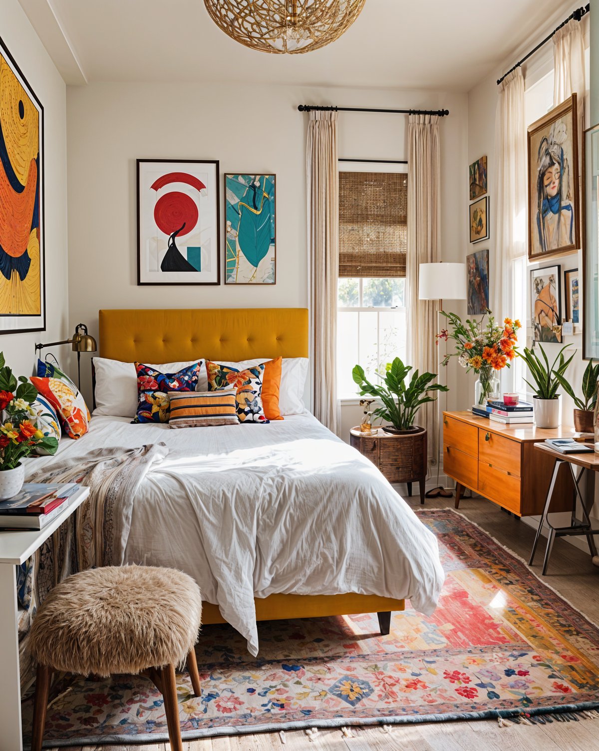 A cozy eclectic bedroom with a large bed, a dresser, and a window. The room features a mix of different elements such as a yellow headboard, a rug, and various art pieces on the walls. The bed is adorned with colorful pillows and a white comforter, adding a touch of brightness to the space. In addition to the bed, there are several potted plants scattered throughout the room, adding a touch of greenery and life to the space. A vase can also be seen on the dresser, further enhancing the room's decor.