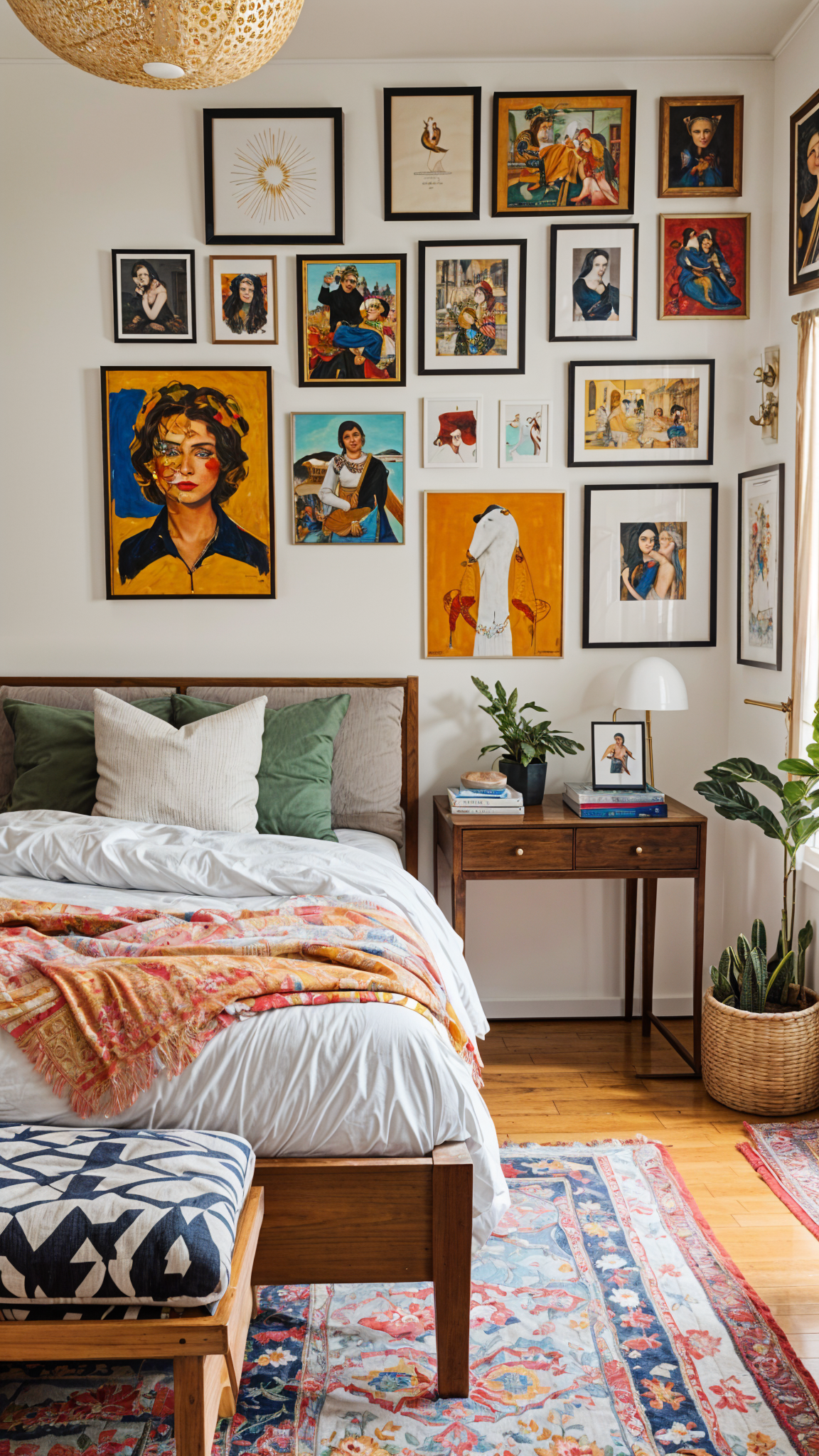 A bedroom with a bed, nightstand, and eclectic art on the walls. A colorful blanket covers the bed, and there are several books on the nightstand.