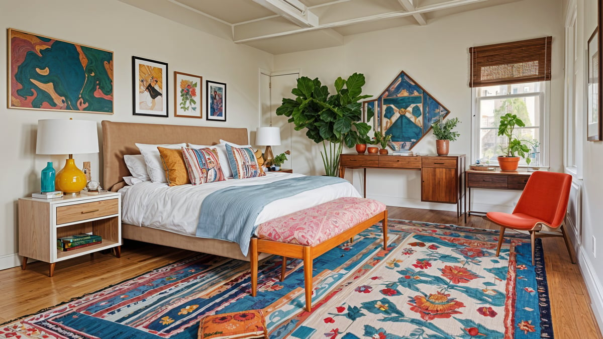 A bedroom with a large bed, a dresser, and a rug. The room is decorated in an eclectic style, featuring a mix of different design elements.