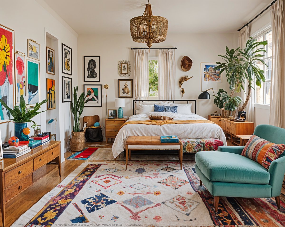 An eclectic bedroom with a large bed, a couch, and various decorative elements.