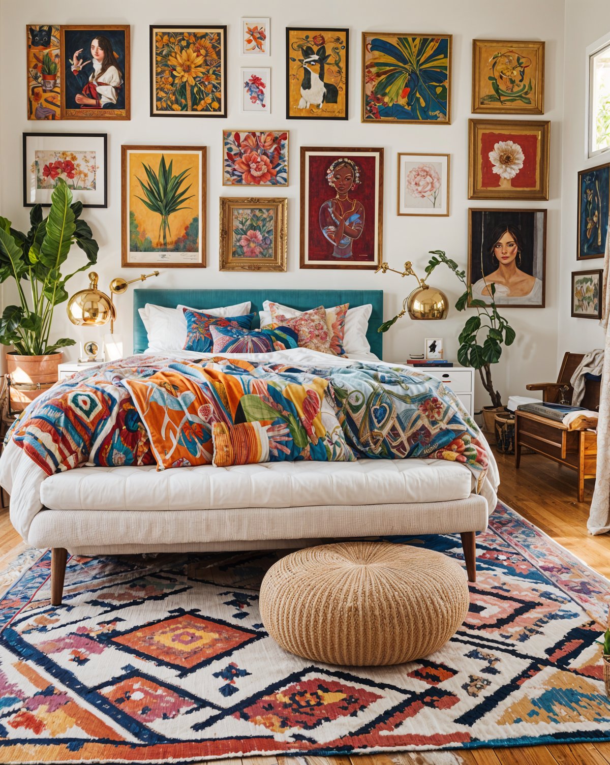 Eclectic bedroom with a large bed, colorful comforter, and various pillows. The room is decorated with artwork and potted plants.