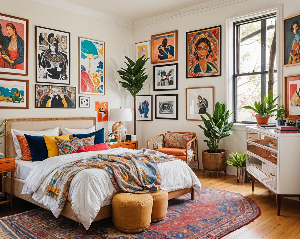 A bedroom with a bed, chair, and eclectic artwork and decorations. The room is filled with potted plants and vases, creating a warm and inviting atmosphere.