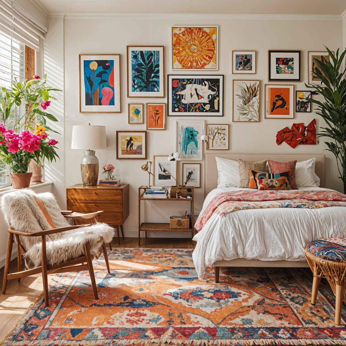 A bedroom with a large bed, a chair, and a rug. The room is decorated with eclectic artwork, including pictures on the wall and a potted plant.