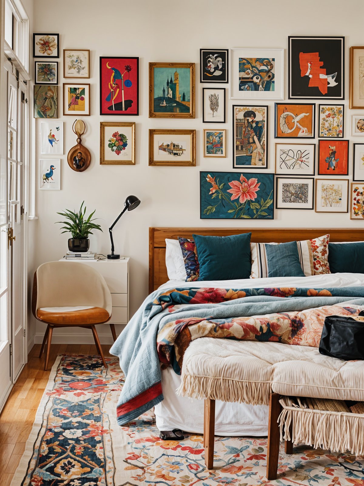 A cozy bedroom with an eclectic design, featuring a bed, chair, and many pictures on the wall.