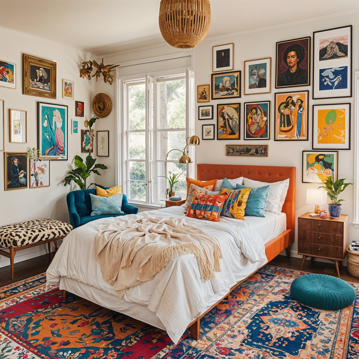 A bedroom with a bed and couch, both covered in white sheets, and many pictures on the walls. The room is eclectic and artistic, with a touch of greenery from the potted plants.