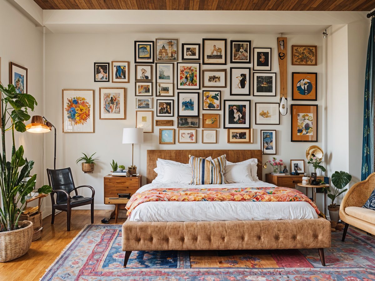 A bedroom with a large bed, eclectic artwork, and potted plants.