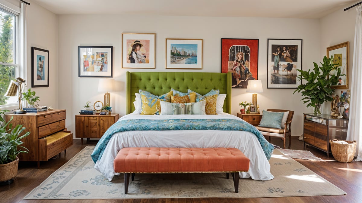 A bedroom with a large bed, a bench, and a green headboard. The bed is covered in a blue comforter with a pink throw on it.