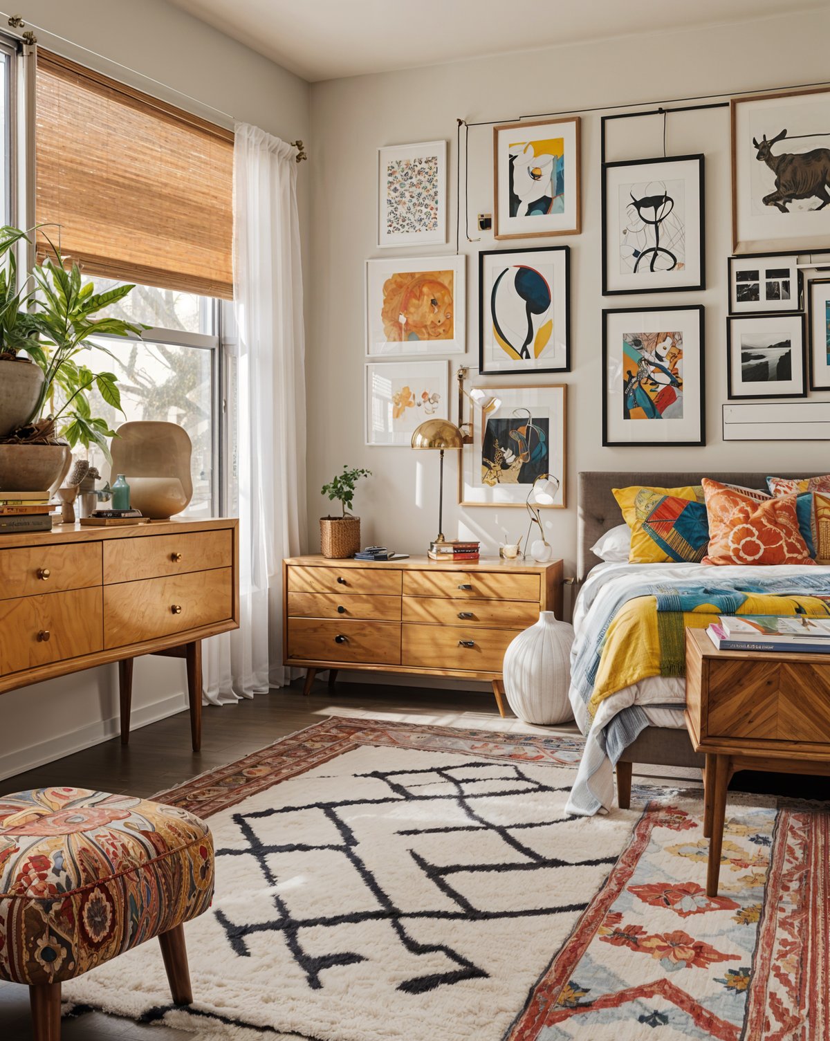 Eclectic bedroom with a large bed, wooden furniture, and artwork on the walls