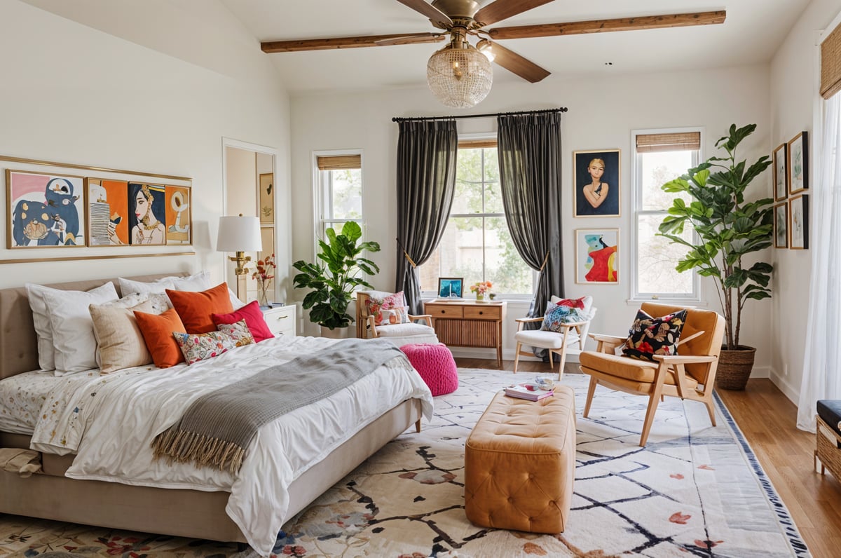 Eclectic bedroom with a large bed, sitting area, and window. The room is filled with furniture, including chairs, a couch, and a dining table. The bed is adorned with a white comforter and a pink throw pillow.