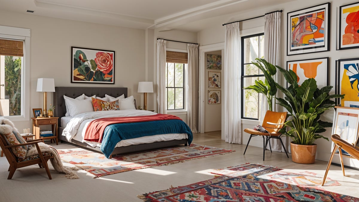 A bedroom with an eclectic design style featuring a bed, chair, and potted plant.