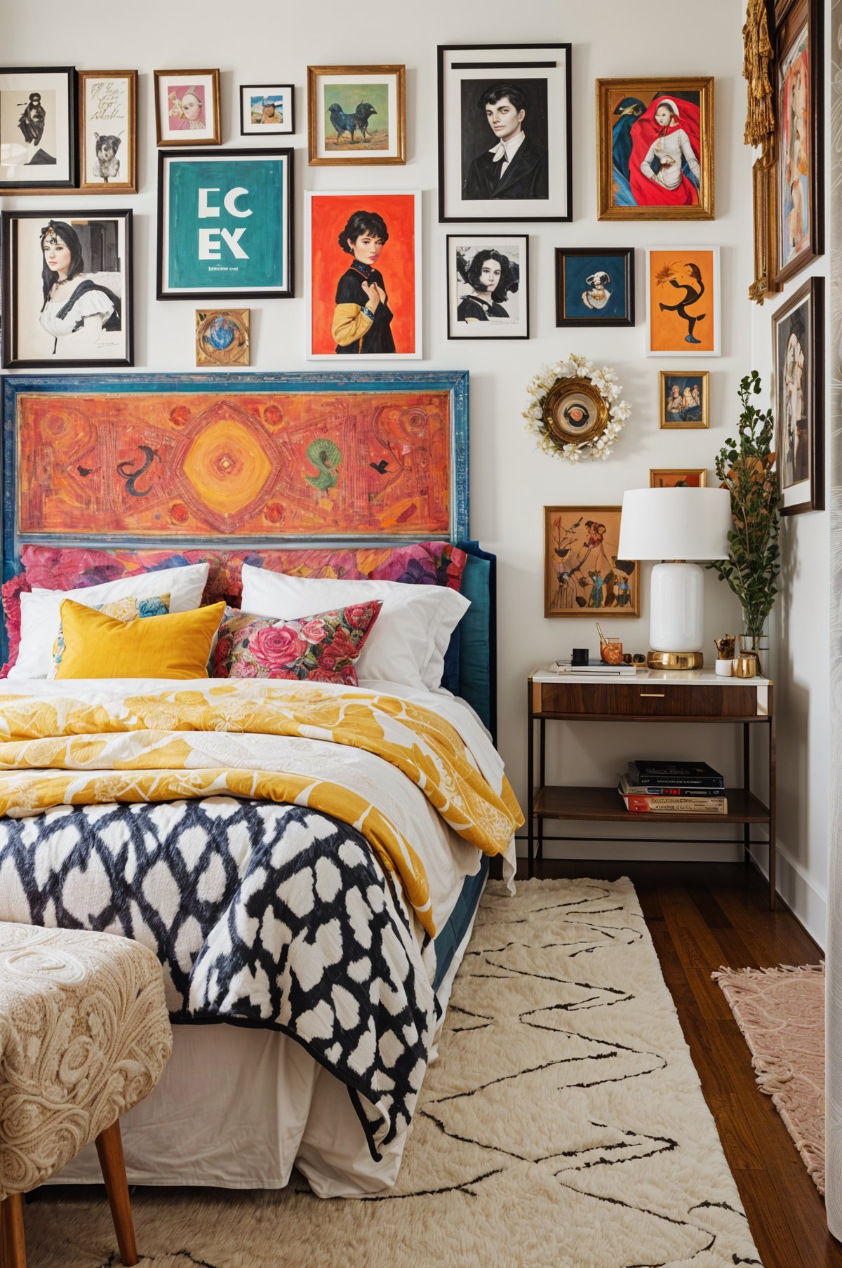 A bedroom with a colorful bed, eclectic artwork, and a rug on the floor.