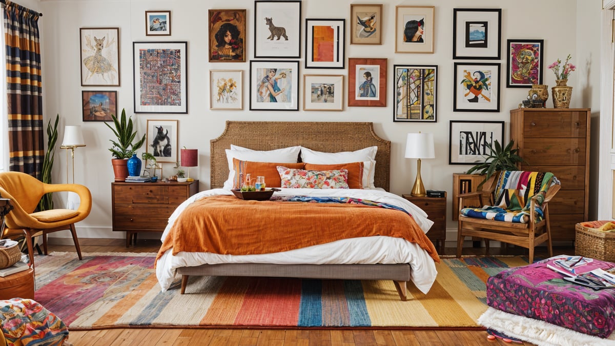 A bedroom with a large bed and eclectic artwork on the walls.