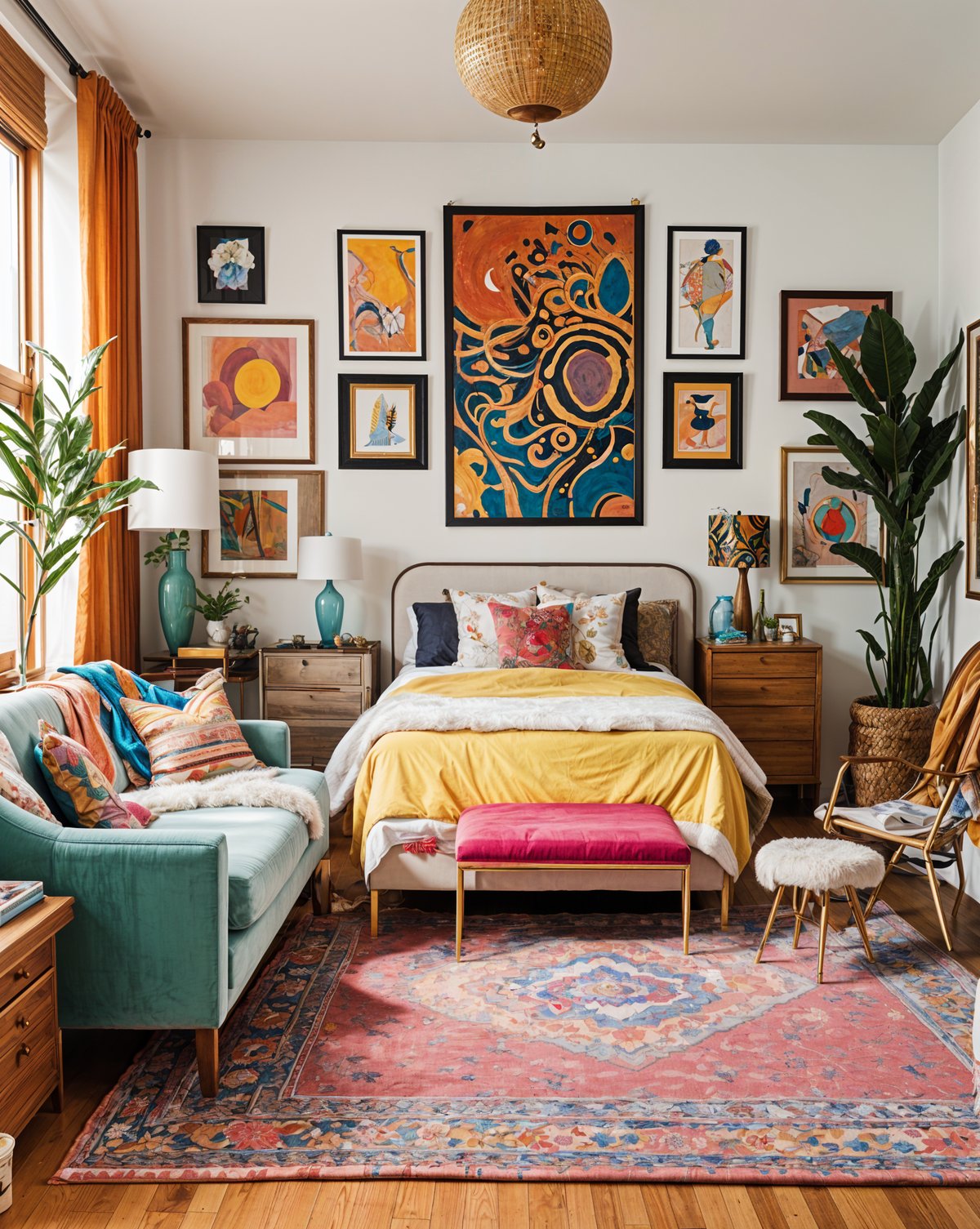 Eclectic bedroom with a large bed, couch, and art pieces on the walls. The room is decorated with potted plants and has a window for natural light.