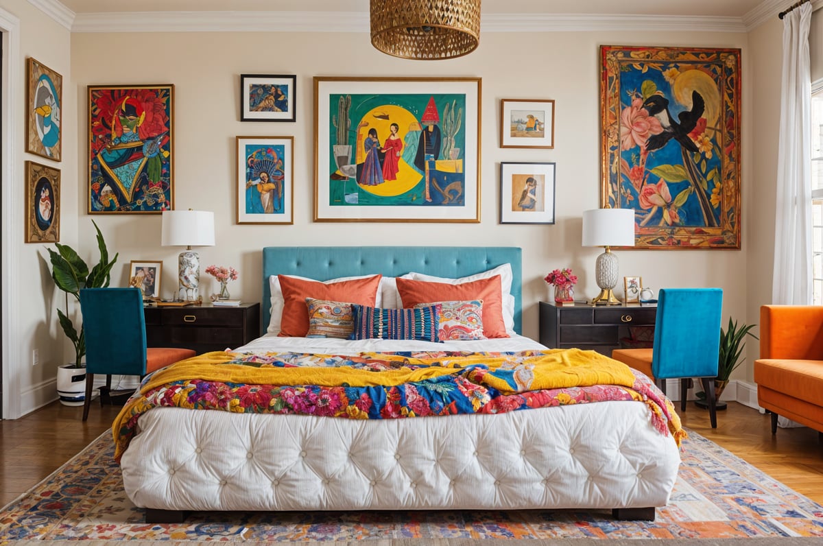 A bedroom with a colorful blanket and eclectic artwork on the walls.