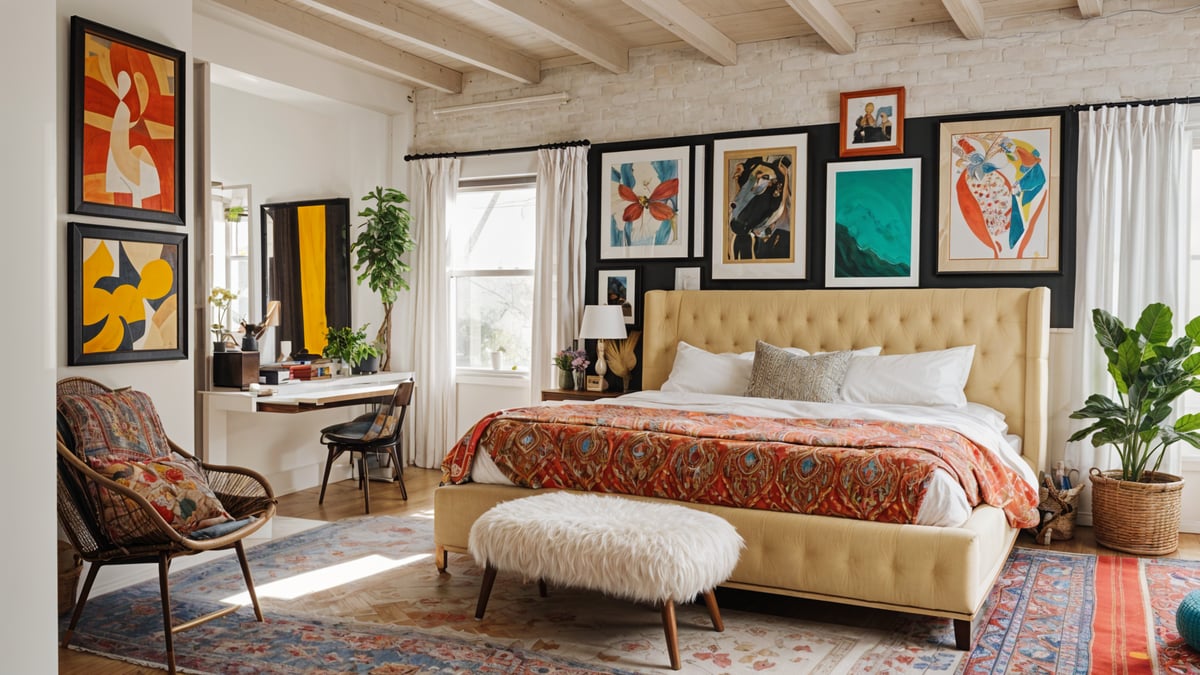 Eclectic bedroom with a large bed, furry ottoman, and various art pieces on the walls. The room features a mix of different styles and colors, creating a unique and inviting atmosphere.