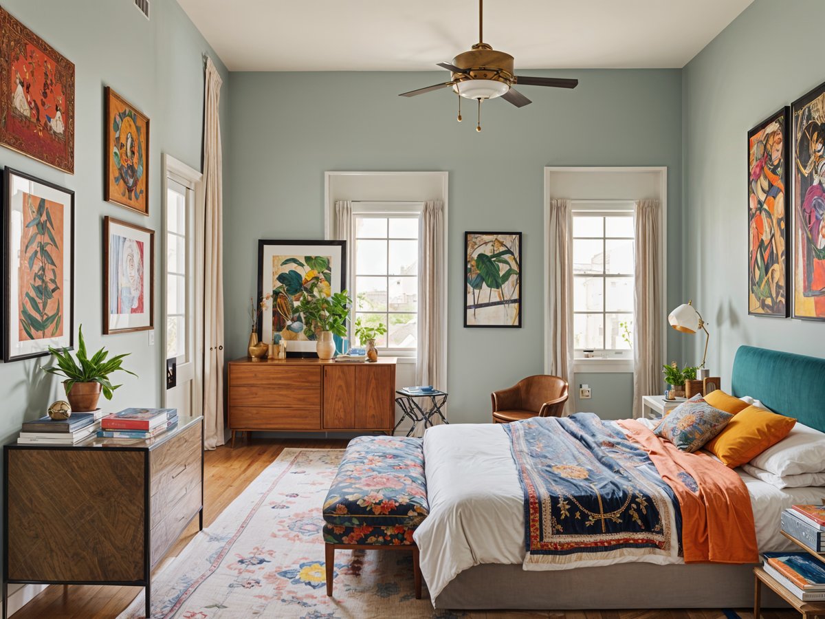 Eclectic bedroom with a large bed, chair, and dresser