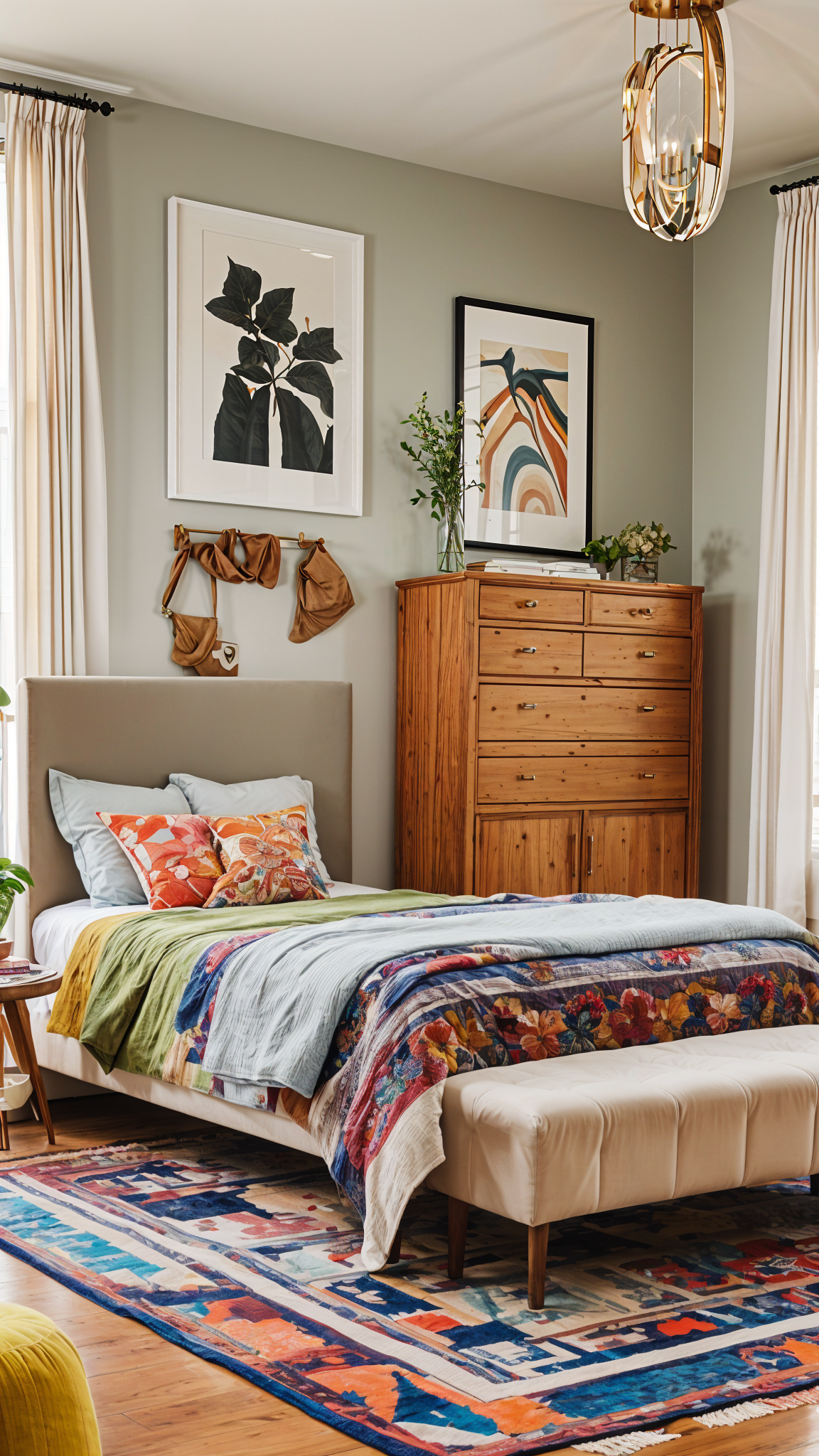 An eclectic bedroom with a bed and dresser. The bed has a colorful comforter and pillows, and there are pictures on the wall.