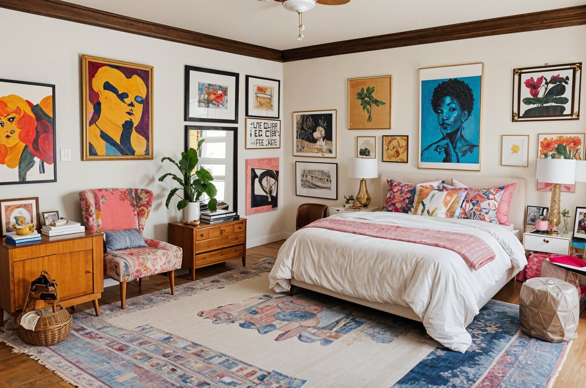 A cozy bedroom with a large bed, a chair, and a potted plant. The room is decorated with eclectic artwork, creating a unique and inviting atmosphere.