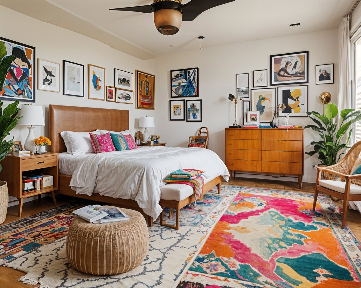 A bedroom with a large bed, rug, and eclectic artwork on the walls.