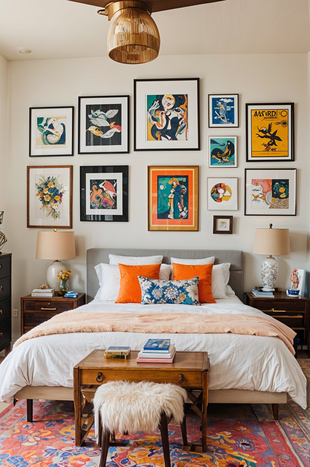 A cozy bedroom with a bed under a wall of eclectic artwork and a wooden headboard. The bed is covered in a white comforter and features orange accents. A nightstand and lamp are also present in the room.