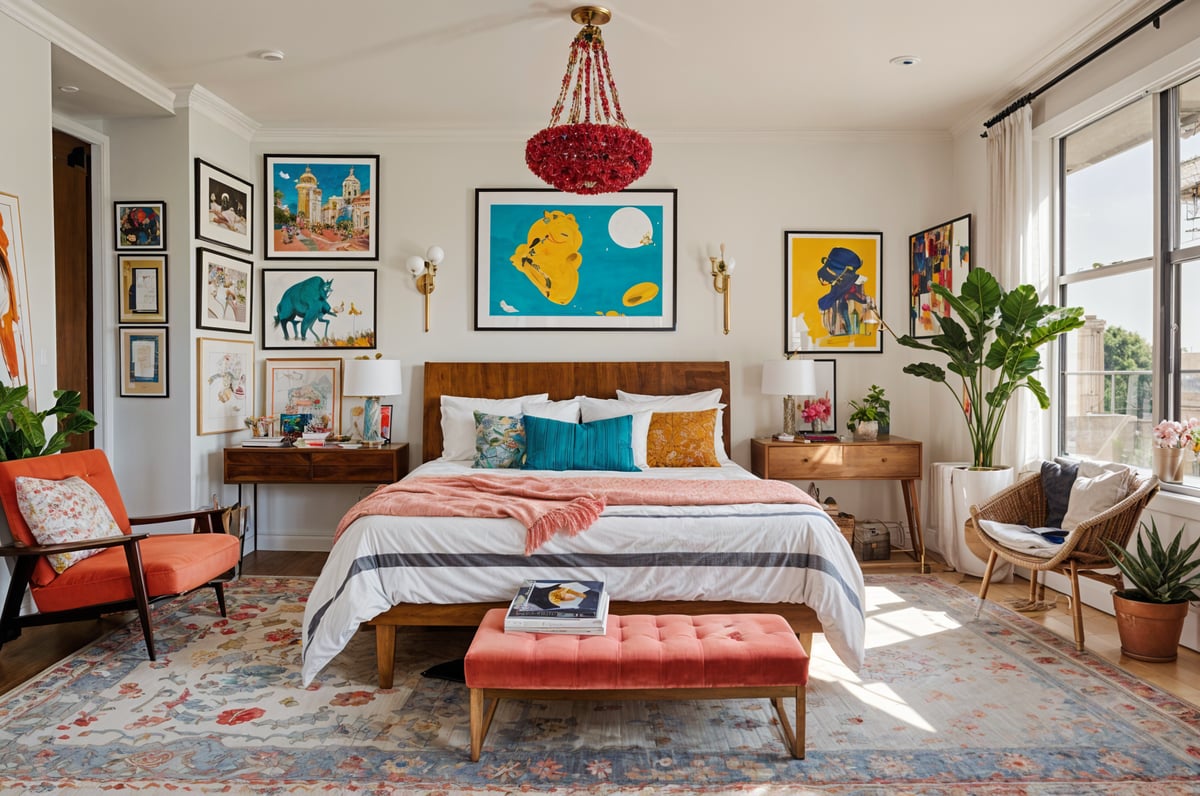 A bedroom with a large bed, pink bench, and eclectic artwork.