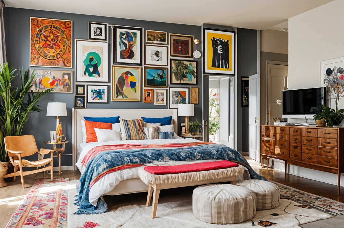 A bedroom with a large bed, eclectic artwork, and a rug and bench.