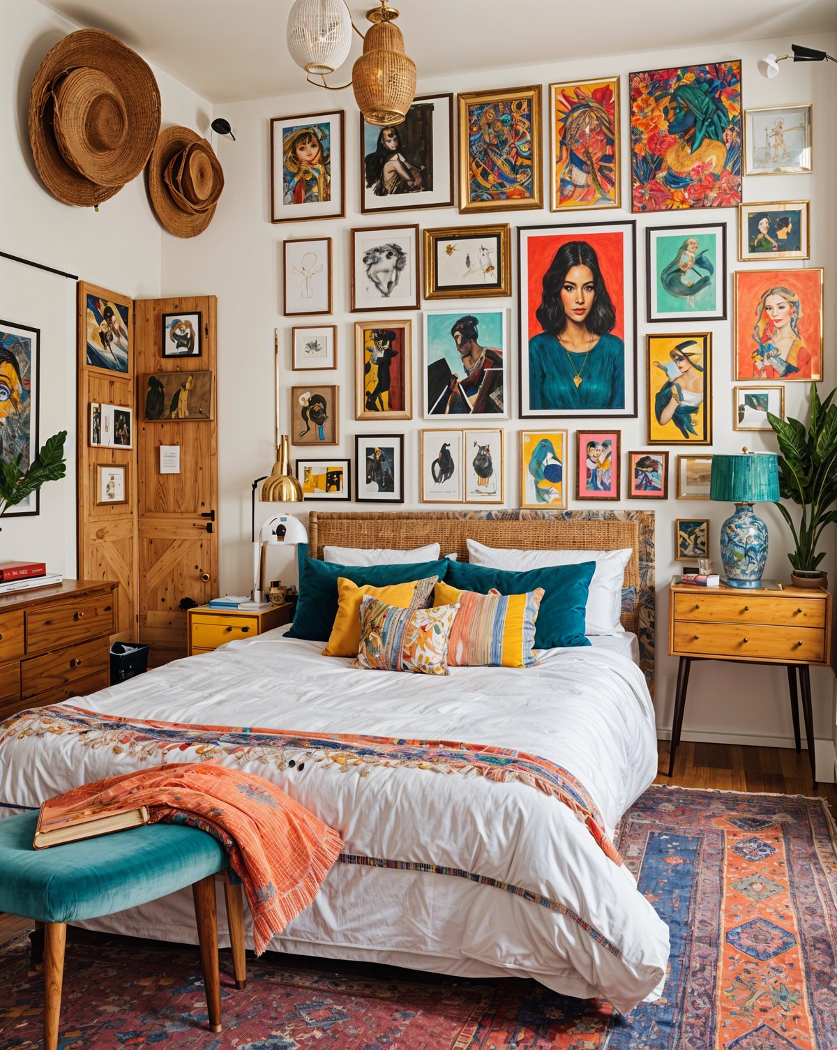 A bedroom with an eclectic design style, featuring a bed with colorful pillows, a chair, a potted plant, and a vase.