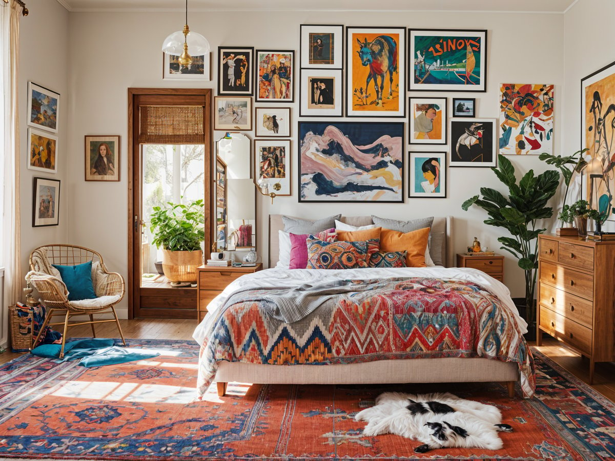 Colorful bedroom with eclectic design style