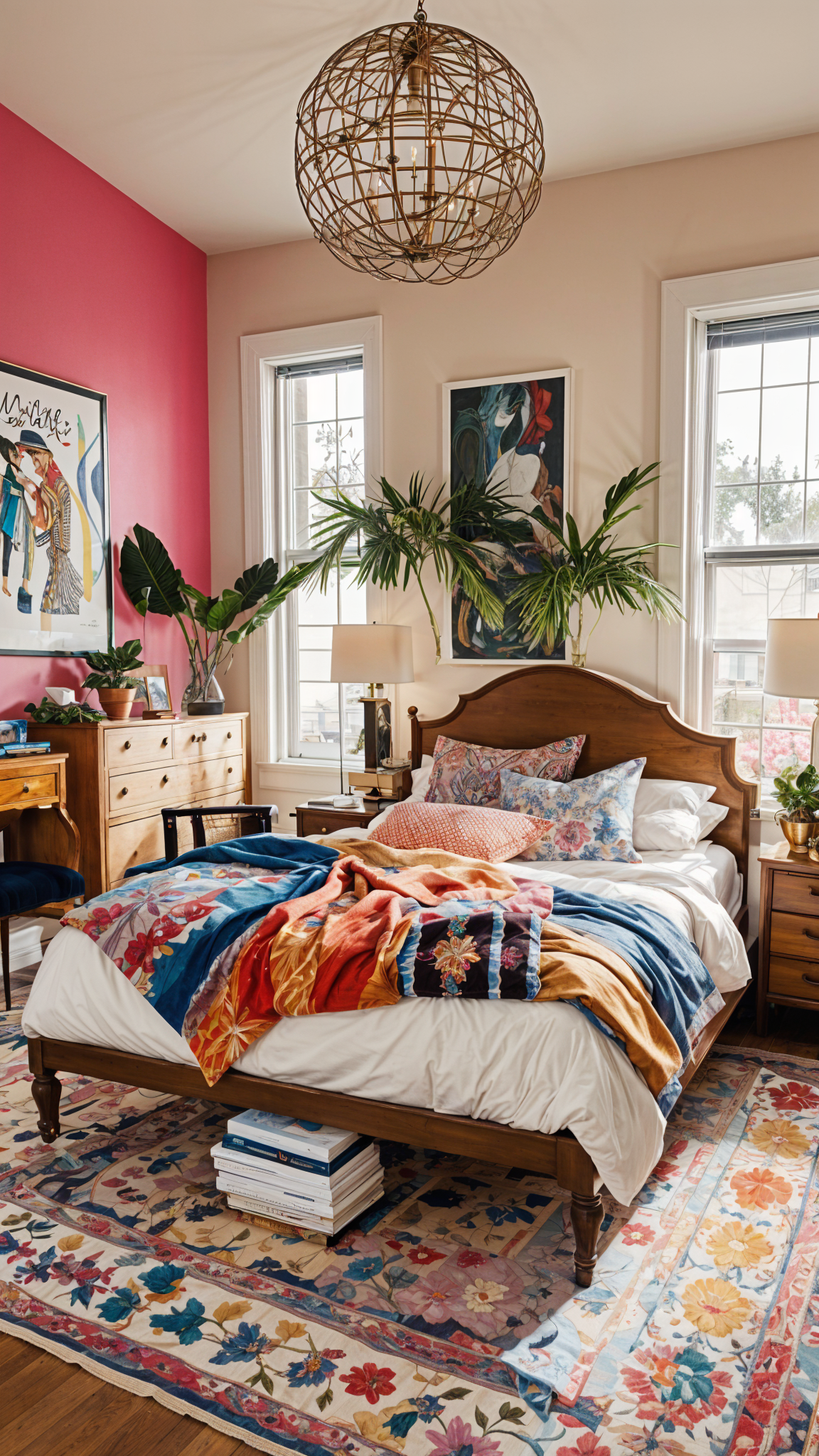 A bedroom with a large bed, colorful blanket, and several potted plants.