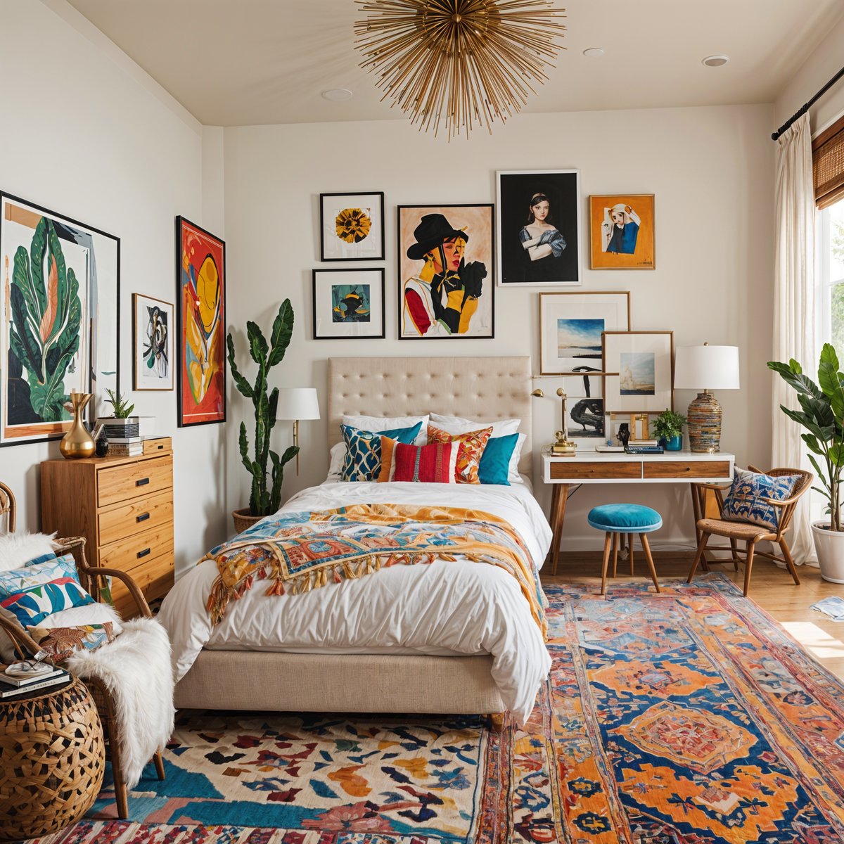 Eclectic bedroom with a colorful blanket, artworks, and potted plants