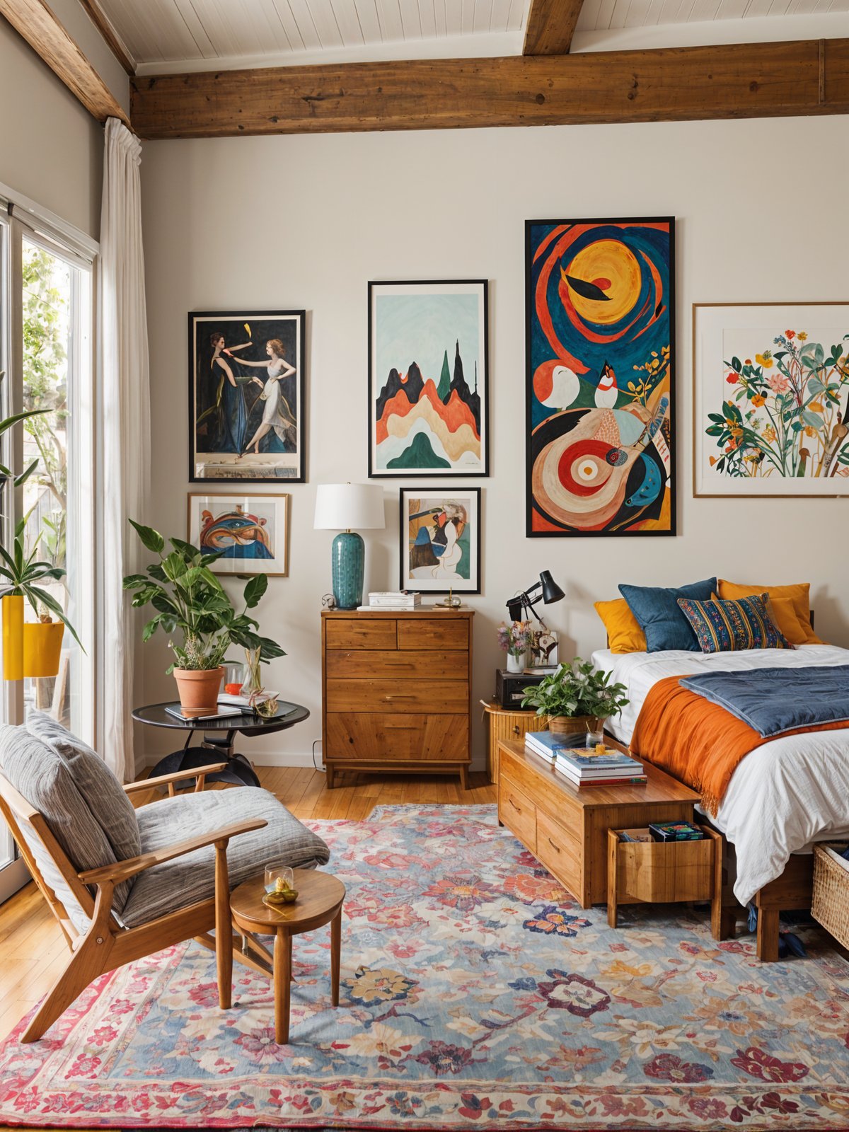 Eclectic bedroom with a mix of artwork and furniture