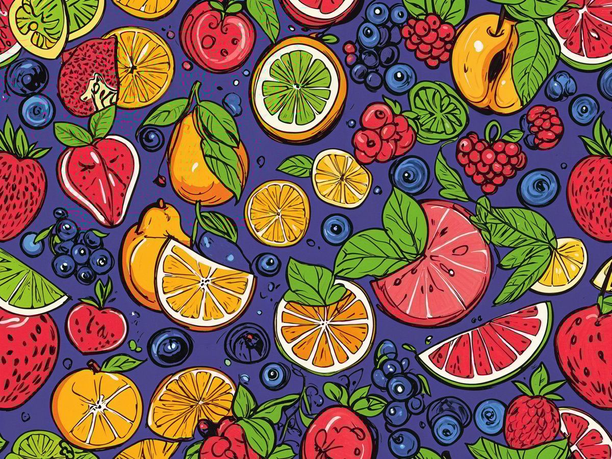 Fruit mix design with apples, oranges, pears, blueberries, raspberries, and lemons arranged in a visually appealing manner.