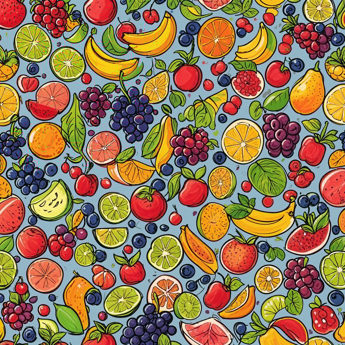 A colorful fruit design with various fruits such as bananas, apples, oranges, and blueberries.