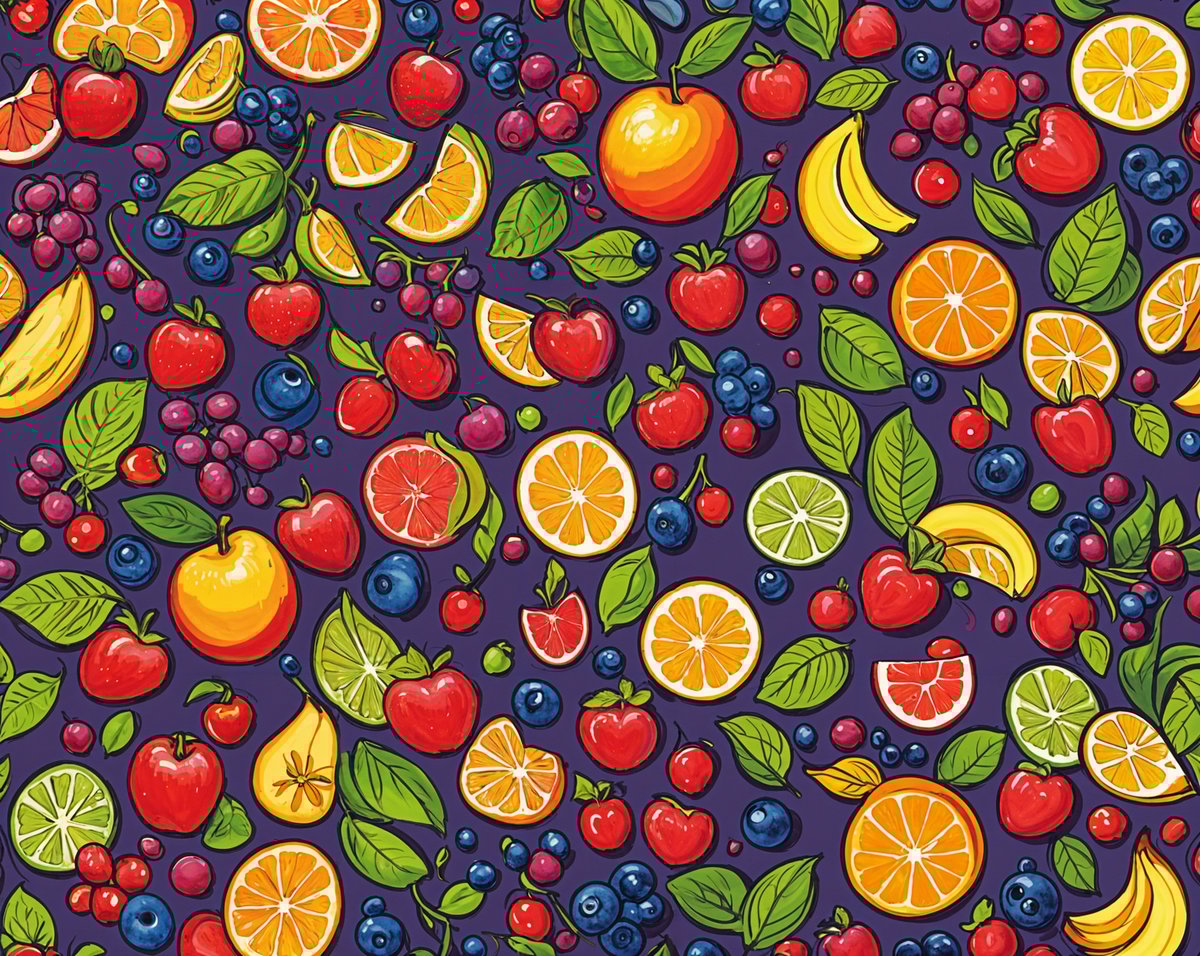 A pattern of apples, oranges, and blueberries. The image is a repeating pattern of these fruits, creating a vibrant and lively design.