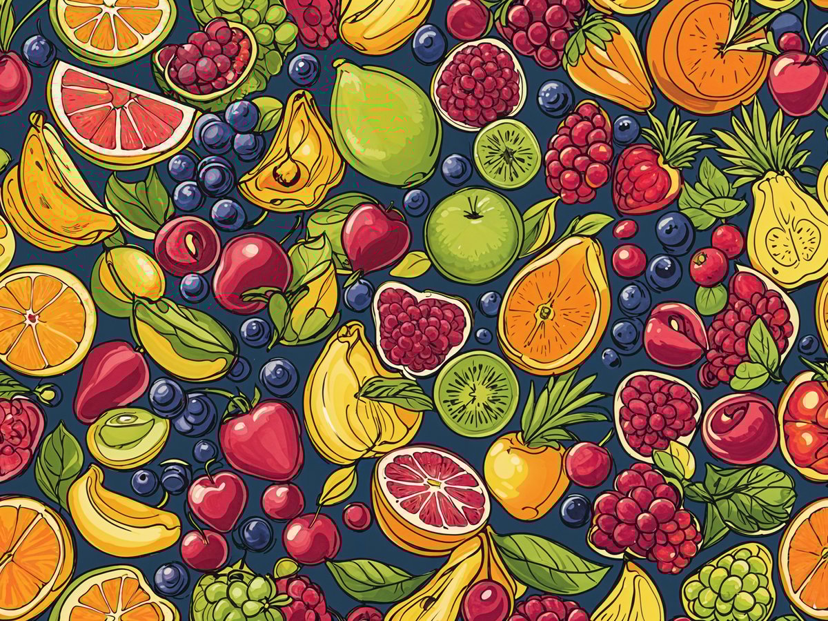 A colorful fruit mix design with various fruits such as apples, oranges, and blueberries.